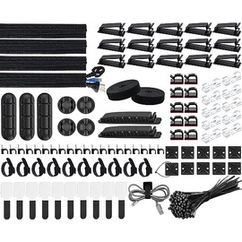 SOULWIT 200PCS Kit de organización de cables,4 fundas para cables,37 clips,7 soportes para cables,10 soportes para bridas,20 clavos para clips,100 bridas para cables,20+2 rollos de bridas(Negro)