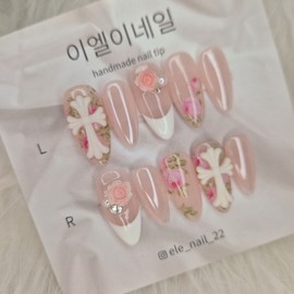 Cross Chrome Handmade Nail Tips (Choose 2 types) - Almond / 십자가 크롬 수제네일팁 (2type 선택) - 아몬드