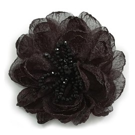 Large Layered Silk Fabric Rose Flower Brooch with Black Glass Beads - 90mm Diameter