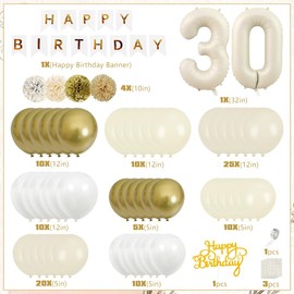 30th Birthday Decorations for Women Men, 30th Happy Birthday Banner Gold Party Decorations, Sand White and Gold Beige Neutral Balloons for Men Women, 30th Birthday Party Supplies Boho Decro