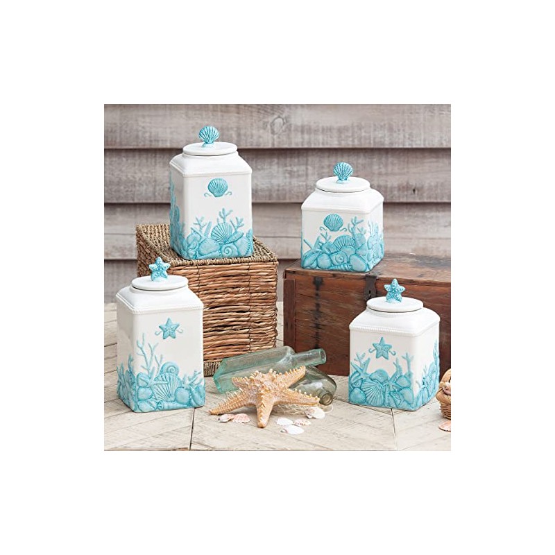 BLACK FOREST DECOR Blue Shells Ceramic Canisters - Set of