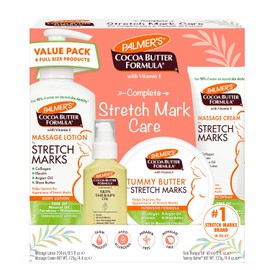 Palmer's - Kit para Estrías Embarazo con Manteca de Cacao – Tratamiento Completo con Loción, Crema, Bálsamo y Aceite Corporal para Reducir Estrías y Mejorar la Elasticidad de la Piel | Aprobado por dermatólogos | Set de regalo de 4 piezas