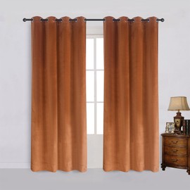 Cherry Home Super Soft Rustic Velvet Pumpkin Orange Blackout Drapes Room Darkening Curtains Panel Grommet Drapery 52 by 96-Inch Caramel Cafe(2 Panels) with Matching Tiebacks