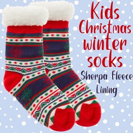 Metzuyan Kids Girls Boys Unisex Novelty Christmas Fair Isle Pattern Sherpa Lined Bed Socks with Grips Non Skid Red 4-6