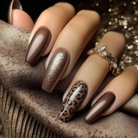 Leopard Leopard Press on Nails Medium Ballerina Brown with Gold Glitter Design Full Cover Glossy Acrylic Artificial Cheetah Print fake Nails for Women Girls DIY Manicure Decorations 24Pcs