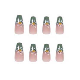 French Short Press On Nails coffin, Nude Fake Nails with Green French Tip and Graceful White Floral Petal Design, Glossy Gel Finish Acrylic Nails, Natural Reusable Glue On Nails Kit for Women, 24 Pcs