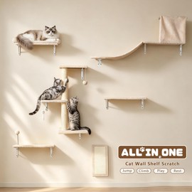 ANWA 6-in-1 Cat Wall Shelves Set, Wooden Cat Wall Climber Furniture, Beige