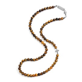 PiercingJak Men's Necklace Tiger's Eye Obsidian Cross Chain Men Women Crystal Necklace Pearl Necklace Gemstone Healing Stones Jewellery Amulet Spiritual Gift for Men Women, Gemstone Stainless Steel