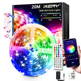 IKERY LED Tape Light, 65.6 ft (20 m), App and Remote Control, Music Connection, 16 Million Colors, RGB LED Light Tape, Dimmable, Torchiere Lighting, Double-Sided Tape, SMD5050 24V 4 Pin, for Ceiling, Hallway, Game Room, Indoor Decoration, Festival, Christmas Decoration