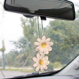 Crochet Daisy Car mirror Hanging Accessories for Women,Cute Car Decor Handmade Daisy Flower Car charm,Boho Aesthetic Car Hanging Ornament (White)