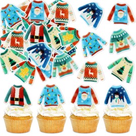 40 Pack Edible Merry Christmas Cupcake Toppers Edible Glutinous Rice Paper Christmas Santa Baby Birthday Cupcake Picks Women Men Birthday Party Anniversary Party Decorations Supplies (sweater)