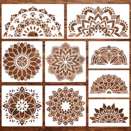 9 Pack Large Mandala Stencils for Painting Mandala Painting Templates Reusable Floral Mandala Drawing Stencils for Wall Floor Furniture Fabric Canvas Wood DIY Craft Art Supplies Home Decor