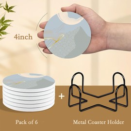 Drink Coasters with Holder,6 Pcs Japanese Style Sun Landscape Absorbent Ceramic Coasters with Cork Base,Cute Funny Table Drinks Coasters,Table Home Decor,4 Inches