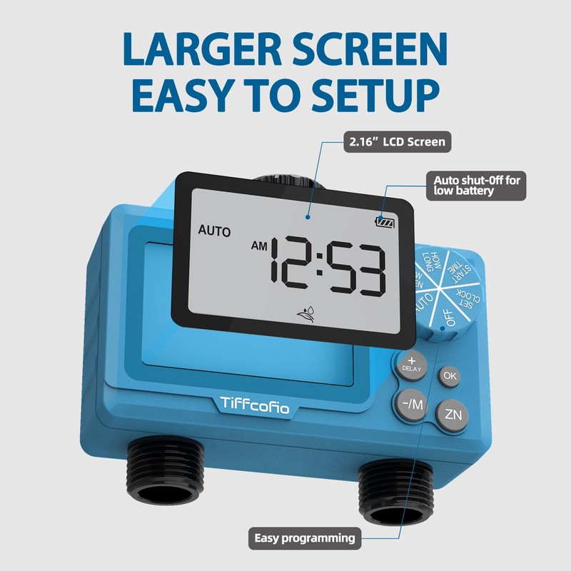 TiFFCOFiO Sprinkler Water Timer Outdoor, 2 Outlets Digital Pogrammable for