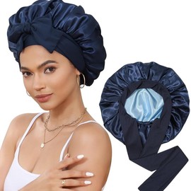 Double Layer Satin Bonnet, Soft and Breathable Hair Care Bonnet, Adjustable Night Sleeping Cap, Heatless Styling Tool for Women Haircare Lightweight:_Navy Blue