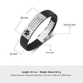 Ashleymade Free Engraving Silicone Adjustable Medical Bracelets Sport Emergency ID Bracelets for Men Women Waterproof Stainless Steel Medic Alert Bracelets for Adults (ID engraving)