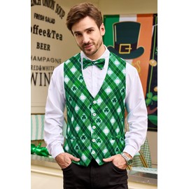 Arvilhill St Patricks Day Vest for Men Bow Tie Shirt 3 Leaf Clover Irish Suit Shamrock Waistcoat Green M