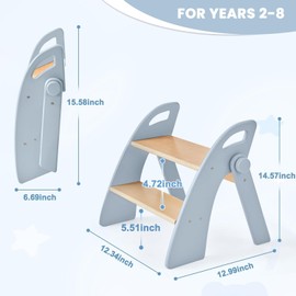 Reeple Wooden 2 Step Stool for Toddlers, Foldable 2-Step with Non-Slip Pads and Handles, Bamboo Step Stool for Kids Bathroom Sink and Potty Training, Kitchen Helper, Nursery Bedroom(Blue)