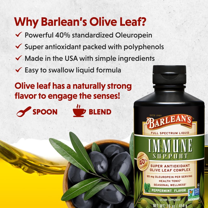 Barlean's Peppermint Olive Leaf Complex Liquid Immune Support Supplement, 95mg