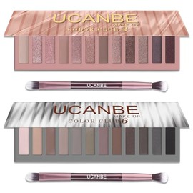UCANBE Kit De Paleta De Sombras De Ojos De 2 Piezas, Set De 12 Sombras Nude, Paleta De Maquillaje Con Acabado Mate Y Brillante Neutro Con Pincel De...