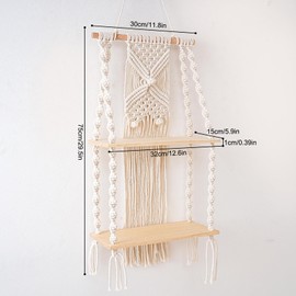 GDWD Wooden Wall Shelf, Boho Decorative Hanging Shelf, Macrame Wall Hanging Shelf, Wall Decoration, Hand-Woven Floating Shelf, Tassel Natural Floating Shelf for Living Room, Bedroom, Bathroom,