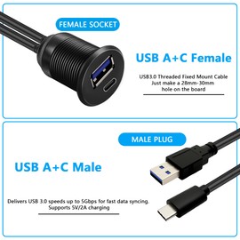 QINJOOELC USB 3.0 & Type C 3.0 Car Flush Mount Cable, Male to Female, 5Gbps USB Dashboard Panel Mount Waterproof Extension Cord for Car Truck Boat Motorcycle 1M/3.3Ft