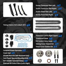 5.4 Timing Chain Kit with Cam Phaser & Valve Cover Gasket, For 2004-2011 Ford F150/F250/F350 Super Duty Expedition, for 2005-2010 Lincoln Navigator, 5.4L 3V Triton 24 Valve Engine