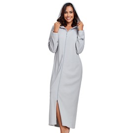 COLORFULLEAF Women's Zip Up Robes Long Sleeve Hooded Fleece Bathrobe Soft Warm Housecoat Loungewear with Pockets(Light Grey,2XL)