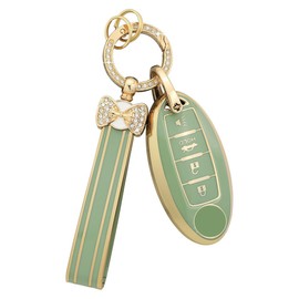 PIFOOG Key Fob Cover Fit for Nissan 4 Button Altima Rogue Sentra Murano Kicks Armada Pathfinder Versa Titan Leaf Green Car Keys Case Shell Protector Covers Accessories Bling Keychain Girly TPU