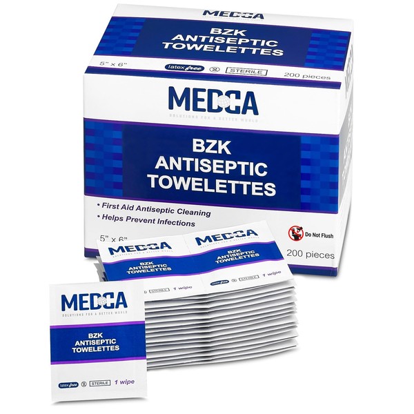 Benzalkonium Chloride Towelletes Hand Wipes – (Pack of 200) Chloride Swabs Individual BZK Single-Use Packets by MEDca 5"x6"
