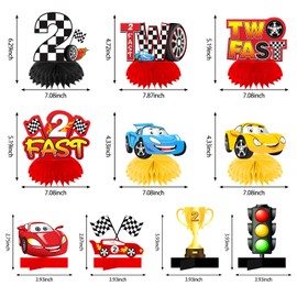 Race Car 2 Fast Birthday Decorations Table Honeycomb Centerpieces, 10Pcs Car Theme 2nd Birthday Table Toppers Party Supplies for Boys, 2 Year Old Let’s Go Racing Birthday Party Table Decor