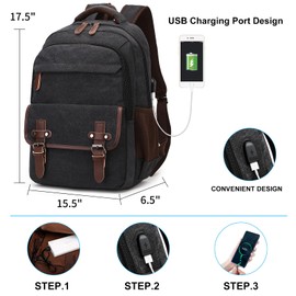 LUNLOPIK Canvas Laptop Backpack with USB Charging Port, Vintage Daypack for Men Women, Black Travel Work Rucksack College Computer Bag Bookbag Fits 15.6 Inch Lapop, Black