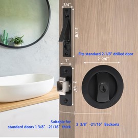Dontay Pocket Door Lock with Key, Contemporary Entrance Sliding Barn Door Lock Latch, Recessed 2 Sided, 2 3/8" Backset, Flush Handles Hardware (Including Edge Pull, Matte Black, Round - 1 Pack)