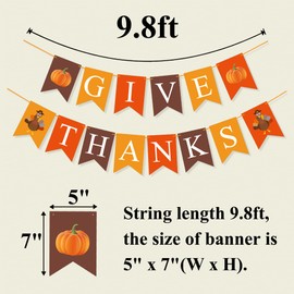 FAKTEEN Give Thanks Banner Happy Thanksgiving Day Decorations Garland Bunting Fall Autumn Turkey Pumpkin Photo Props for Thanksgiving Home, Office and School Party Decorations