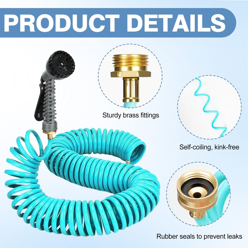 HEYTIMI 50 FT 3/8" Lightweight Coiled Garden Hose EVA Flexible