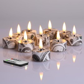 Eywamage Dollars Candles, Pattern Flameless Tealights with Remote Batteries Included, Flickering Plastic LED Tea Votive Candles Set of 12