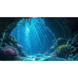 Under The Sea Aquarium Background Underwater Grotto with Soft Corals Reefs Fish Tank Background Blue Ocean Tropical Cave Sunlight Rays Deep Sea Fish Tank Backgrounds Aquarium Wallpaper 48x24in