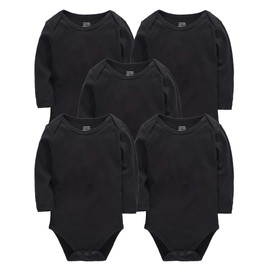 kavkas Long Sleeve Newborn Bodysuits Plain Baby Vest Undershirt Cotton Baby Clothes for Boys and Girls 5 Pack (3-6M) Black
