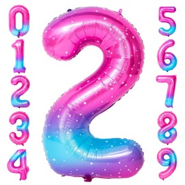 40 Inch Large Starry Sky Number Balloons, Giant Jumbo Helium Foil Mylar Big Gradient Colorful Number 2 Digital Two Balloons for Birthday Party Anniversary Wedding Decorations