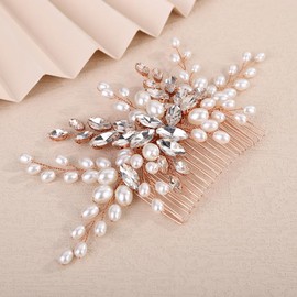 Teyglen Pearl Bride Wedding Hair Comb Bridal Rhinestone Pearl Hair Comb for Party Prom Wedding Hair Accessories for Women Handmade Crystal Hair Piece Headpiece (Rose gold)