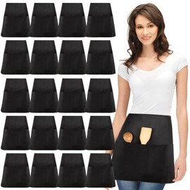 Geosar 12 Pieces Waist Apron Black Waiter Waitress Aprons with 3 Pockets Half Apron Black Chef Apron for Men and Women Kitchen Cooking Cleaning Painting Gardening Bistro Restaurant Catering