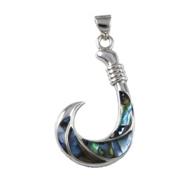 Unique Hawaiian X-Large Genuine Paua Shell Fish Hook Necklace, Sterling Silver Abalone MOP Fish Hook Pendant, N9273A