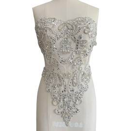 Pure Hand Sewing Beads Appliques sew on Rhinestones Sequins Crystals Trim Patches for Wedding Dresses DIY Accessories 18X19in (Silver)