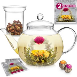 Teabloom Glass Teapot with Infuser and 2 Blooming Teas Stovetop Safe