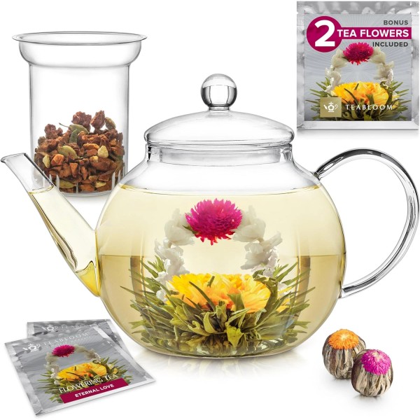 Teabloom Glass Teapot with Infuser and 2 Blooming Teas Stovetop