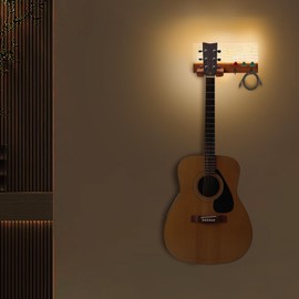 Light Up Guitar Wall Mount Stand - Wood Guitar Rack with Guitar Pick Holder and 2 Hooks - Ideal Guitar Gift for Man Guitar Lover Player Music Lovers (for Acoustic, Electric Bass, Ukulele)