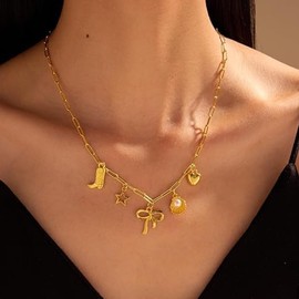 Charm Necklace for Women Paperclip Bow Necklace Cowgirl Boots for Women Western Jewelry for Women Chunky Cowboy Boot Necklace Cowgirl Outfits for Women