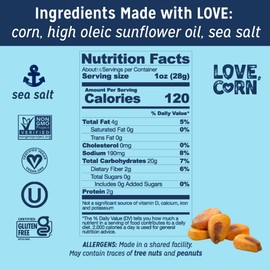 LOVE CORN Sea Salt 16oz x 1 Bag - Delicious Crunchy Corn - Healthy Family Snacks - Gluten Free, Kosher, Non-GMO- Alternative for Chips, Nuts, Crackers & Pretzels - Perfect for Charcuterie Boards