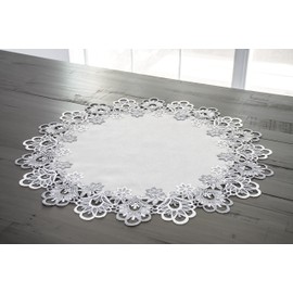 Silver Antique Jacquard Peacock Tail Lace Doily, Table Centerpiece, Table Topper (23 Inch Round)