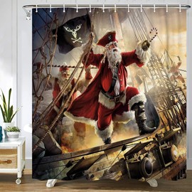 Abaysto Old Pirate Ship in The Sea Retro Christmas Santa Claus Voyage Art Home Decor Shower Curtain Sets with Hooks Polyester Fabric Great Gift